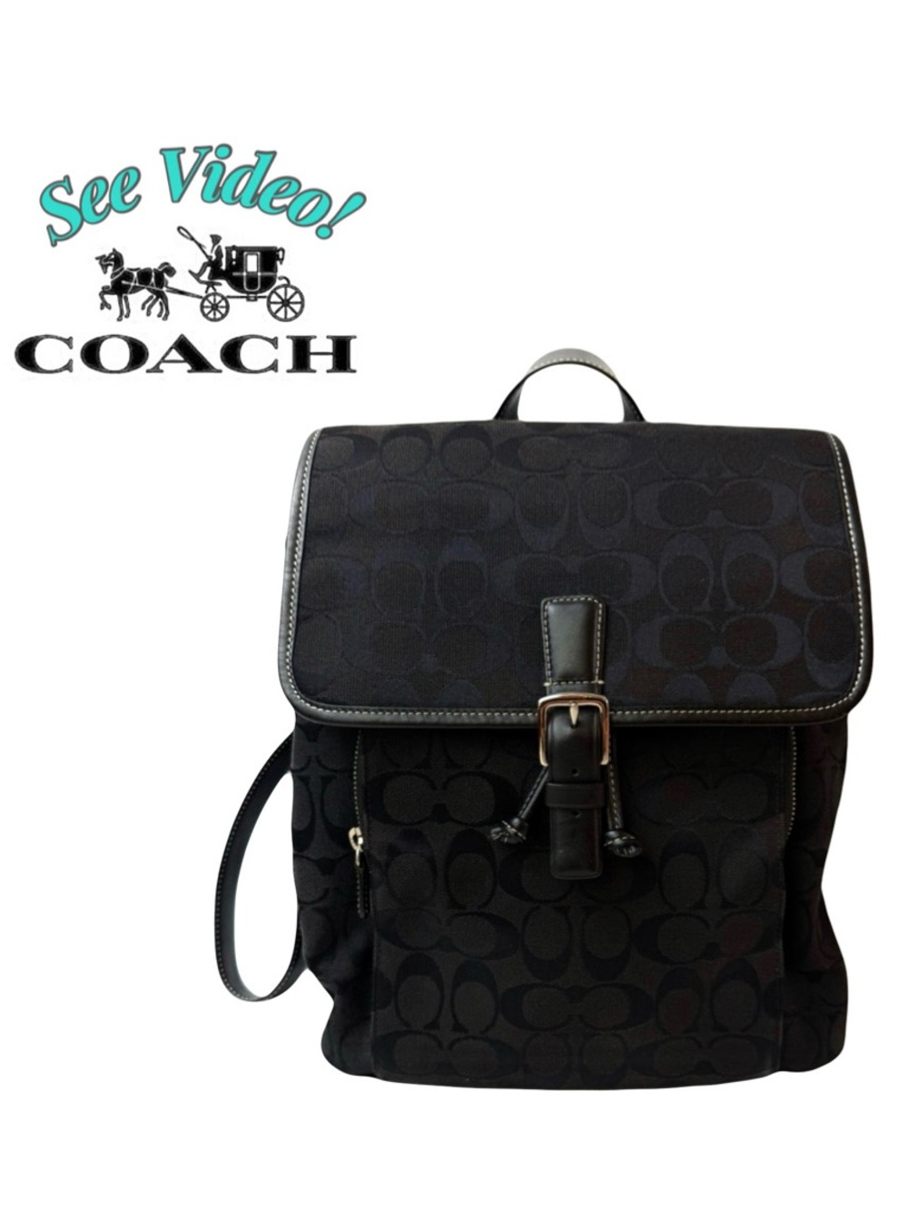 🐴 Coach 6080 Vintage Black Signature Backpack Canvas Leather Drawstring